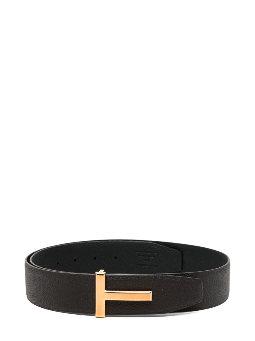 Tom Ford Textured Brown Leather Belt With Gold-Tone 'T' Buckle