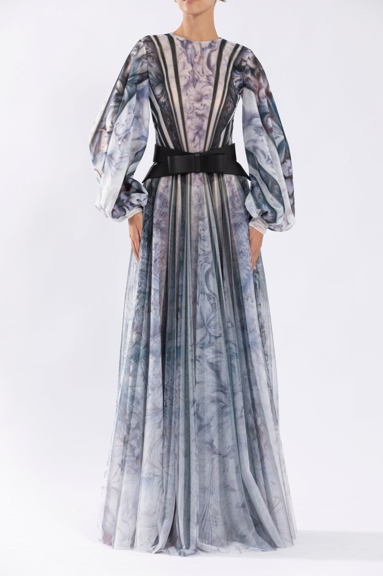 Saiid Kobeisy Tull Printed Dress With Bell Sleeves