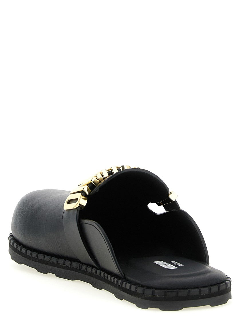 Moschino Closed-Toe Leather Sabots With Metal Logo Strap