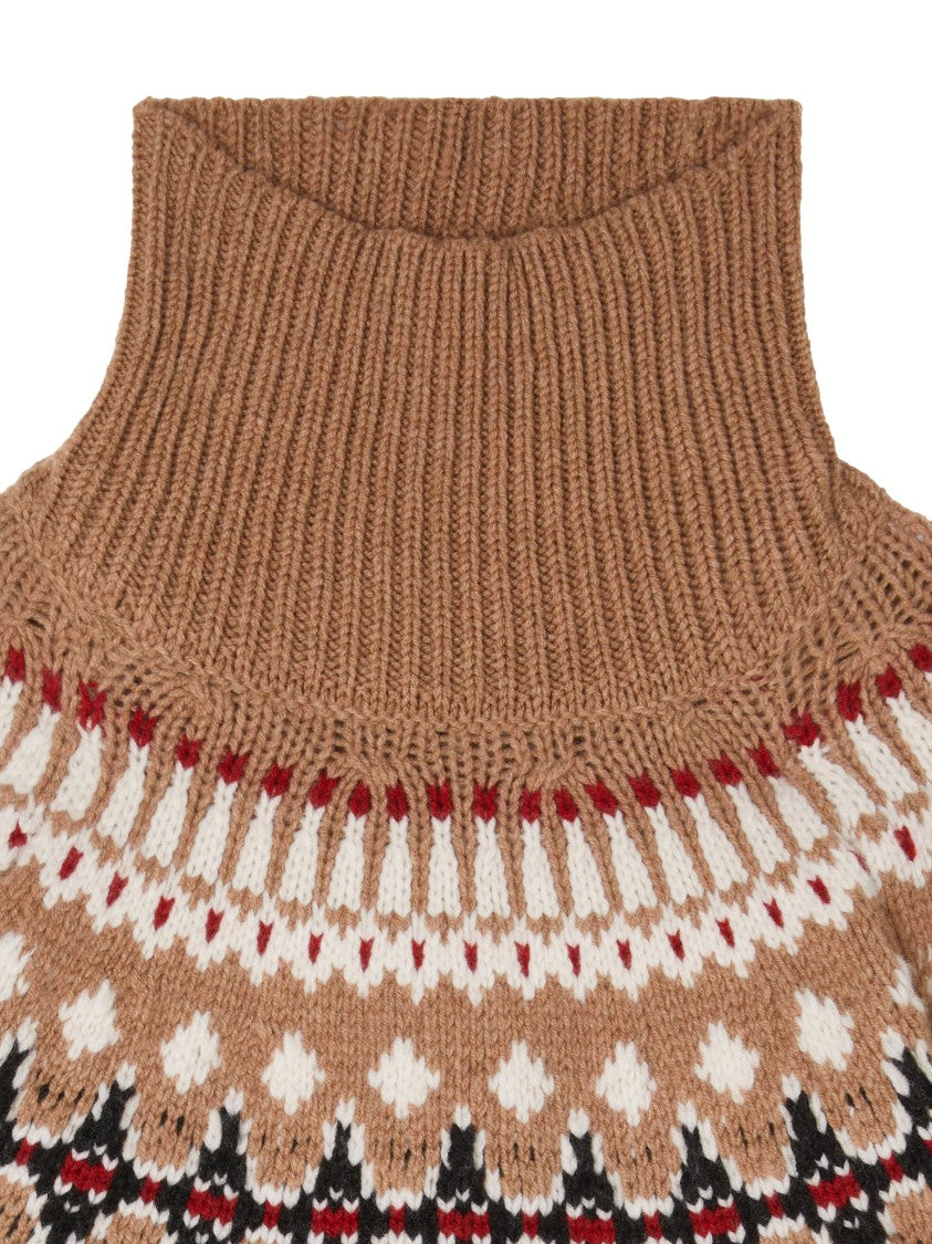 Alanui Patterned Camel Turtleneck Sweater With Geometric And Floral Motifs