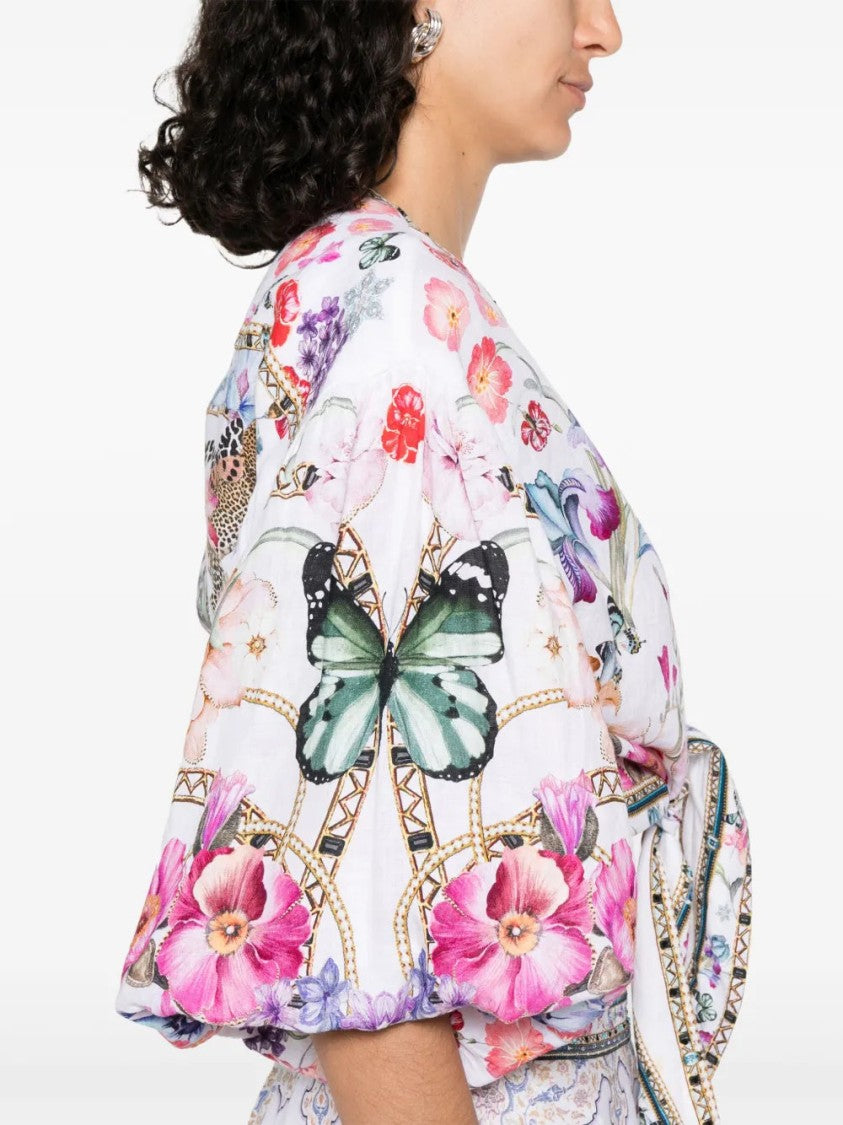 Camilla White V-Neck Crop Top With Knot Detailing And Wide Sleeves