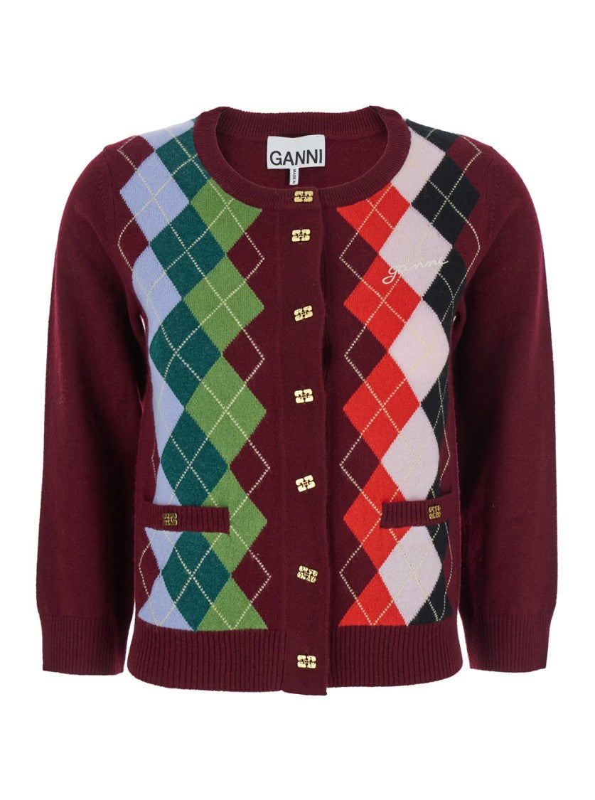 Ganni Multicolor Crewneck Cardigan With Jewel Buttons