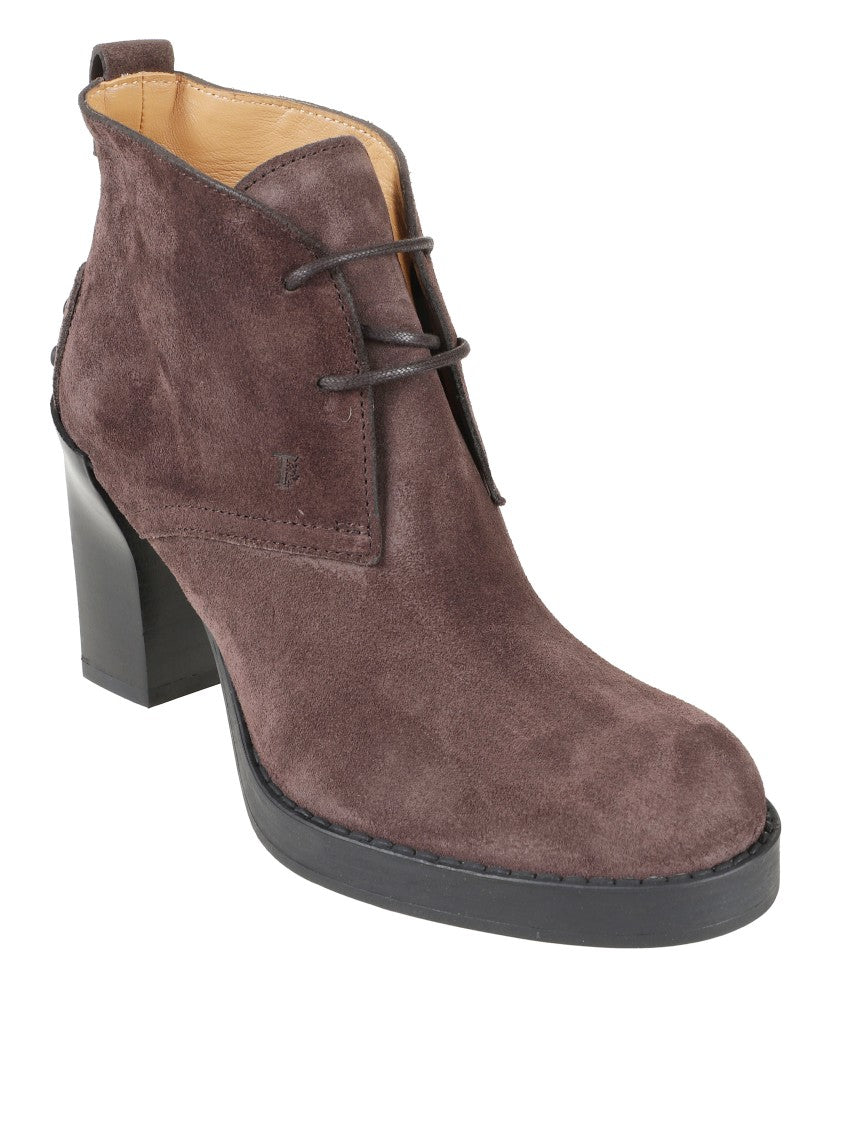 Tod's Brown Suede Ankle Boots With High Block Heel And Lace-Up Front