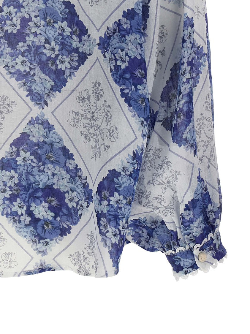 Twin-Set Floral Print Ramie Shirt With Balloon Sleeves And Mandarin Collar