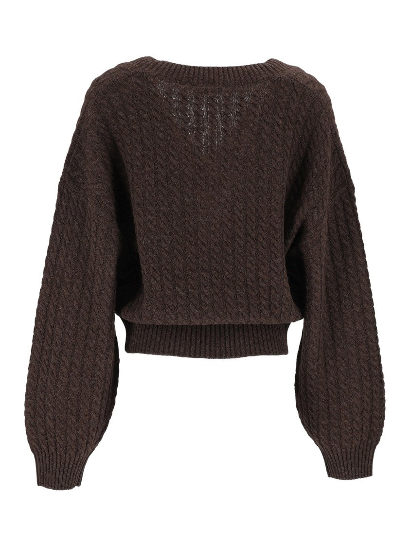 Rotate Brown Regular-Fit Cable-Knit V-Neck Sweater