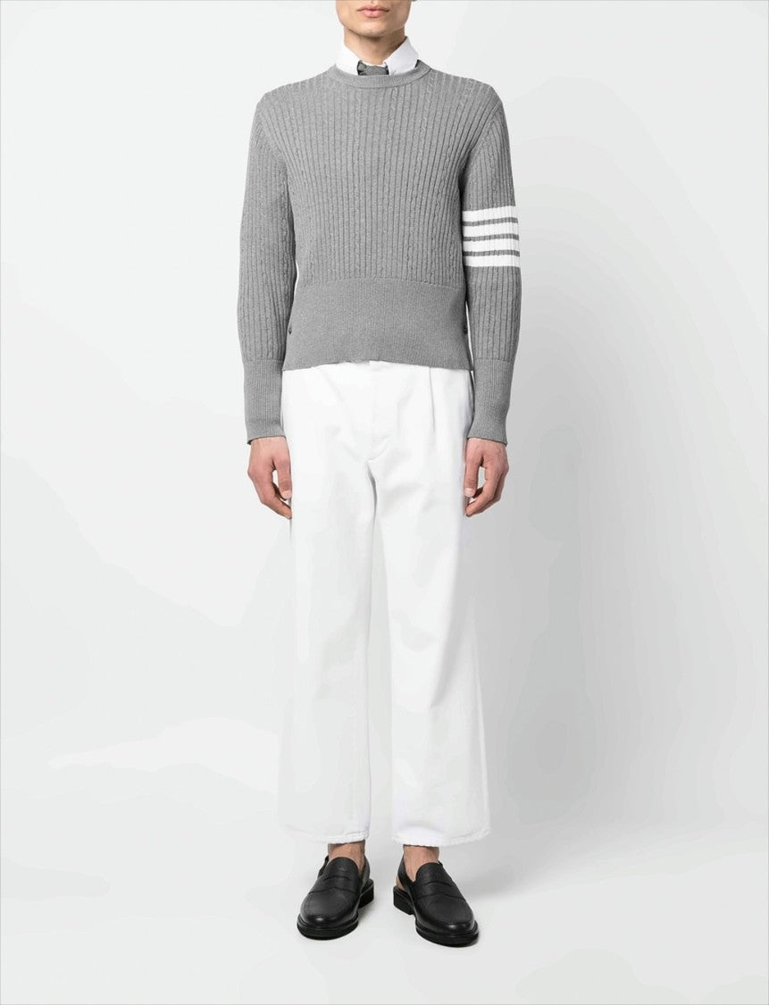 Thom Browne Four-Bar Cable Knit Sweater With Tricolor Cuffs