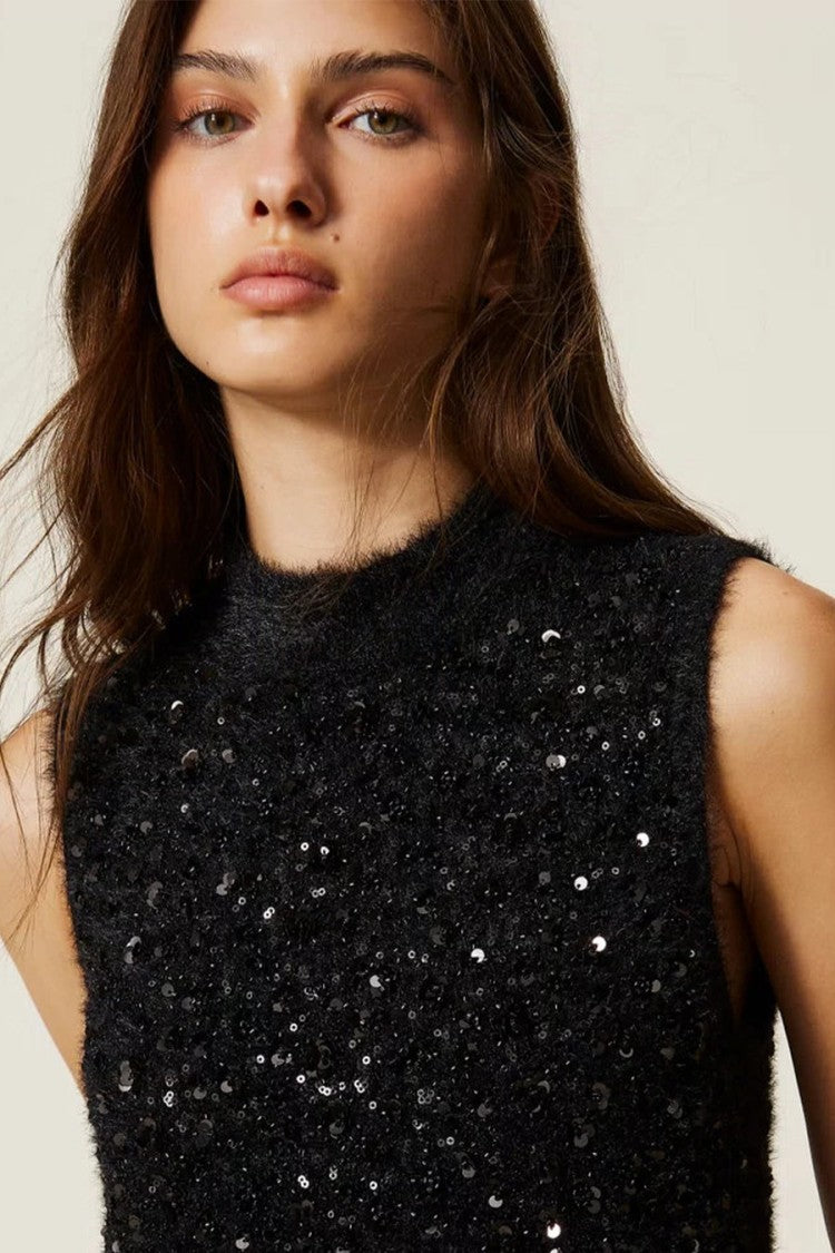 Twin-Set Black Sparkling Sleeveless Mock-Neck Mini Dress