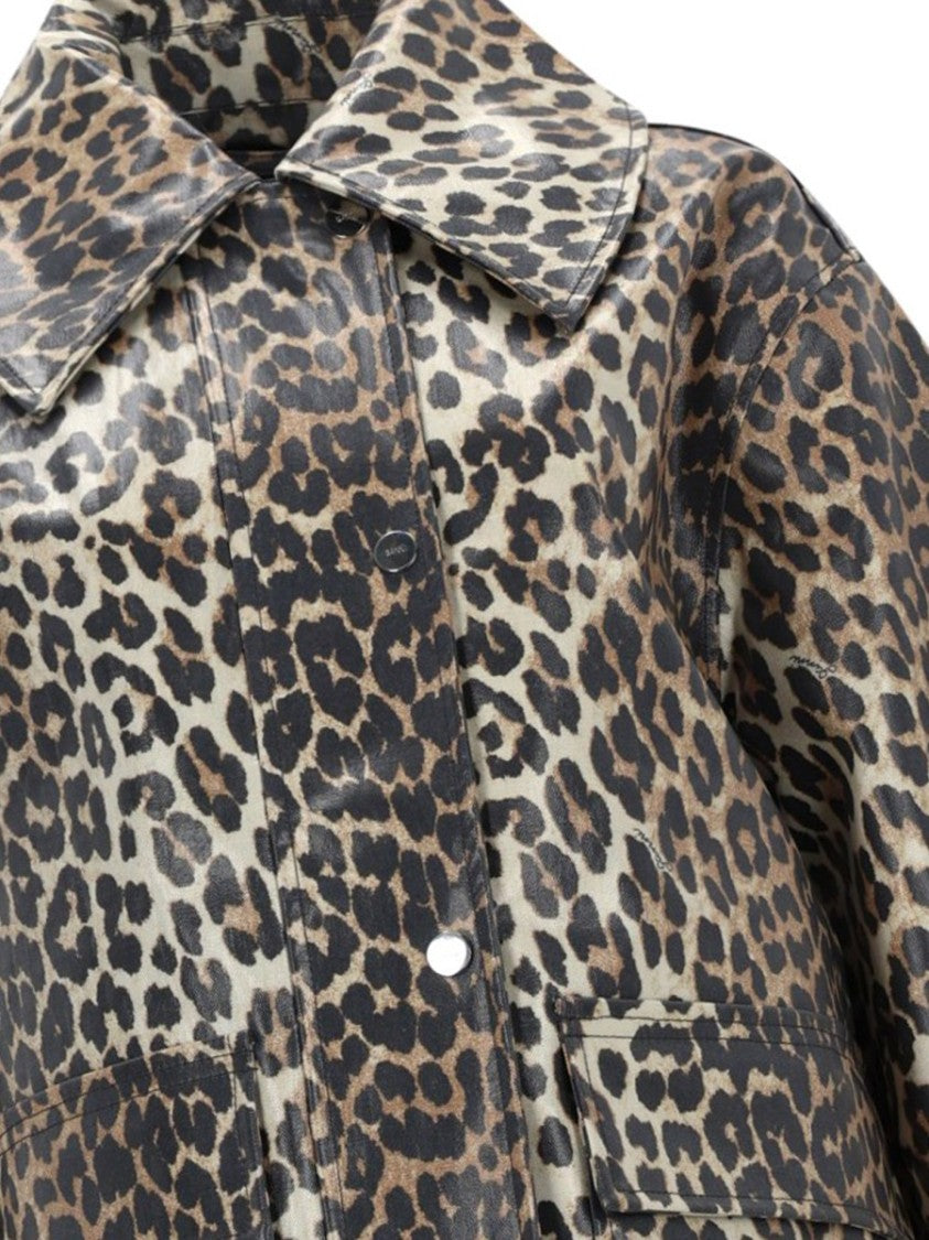 Ganni Glossy Laminated Animal Print Hemp-Blend Jacket