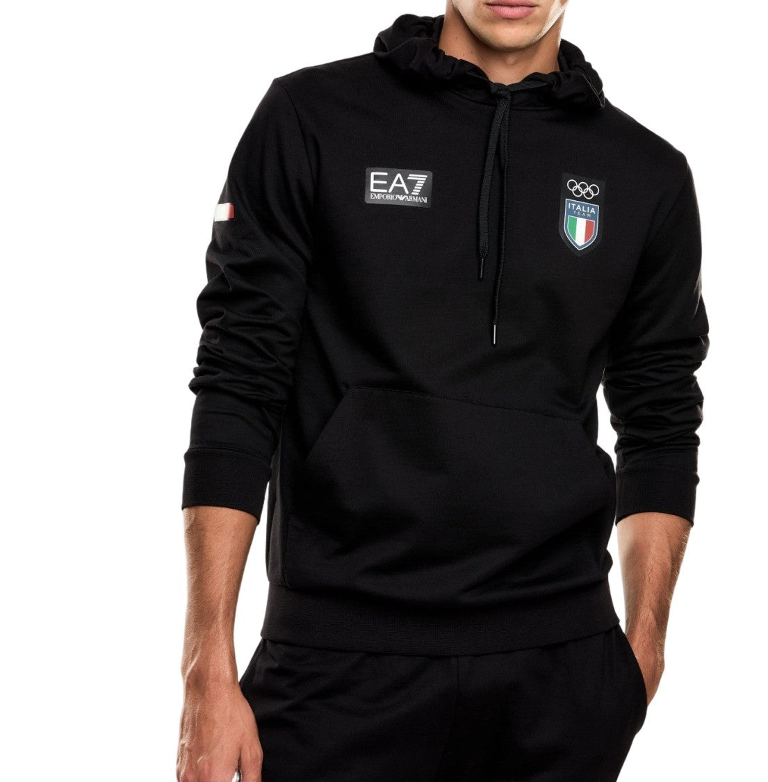 Ea7 Emporio Armani Italia Letter-Emblazoned Black Hoodie With Drawstring Design