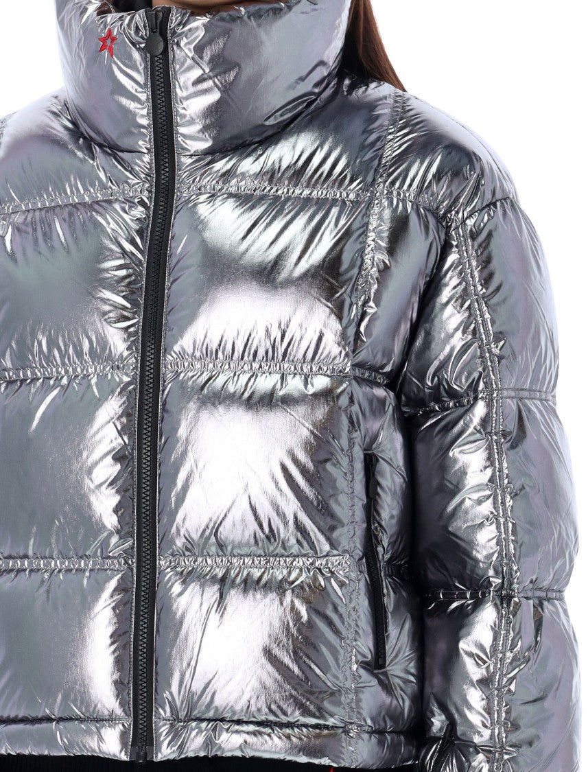Perfect Moment Cropped Metallic Silver Duvet Jacket With Horizontal Quilting