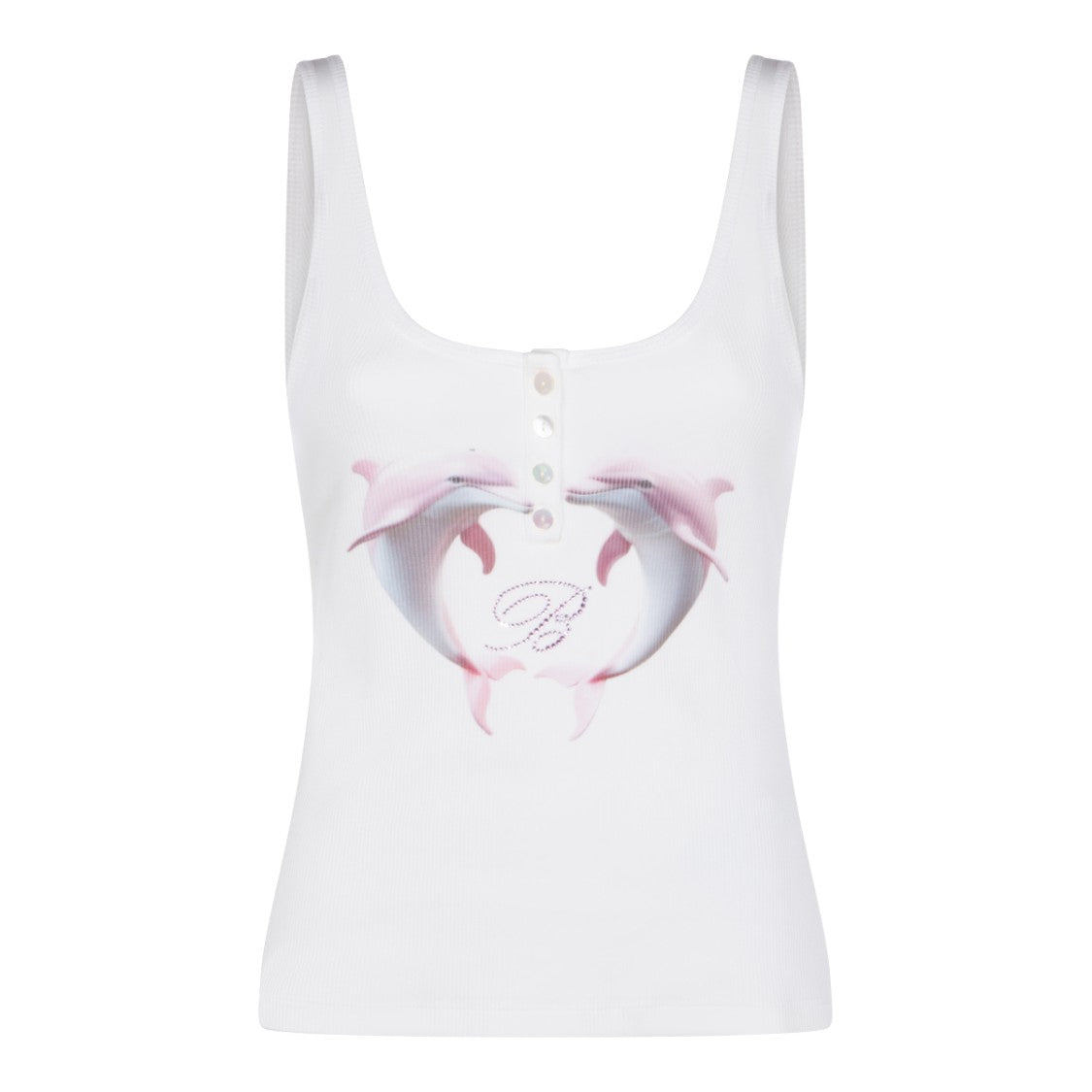 Blumarine White Cotton Tank With Dolphin Heart Graphic