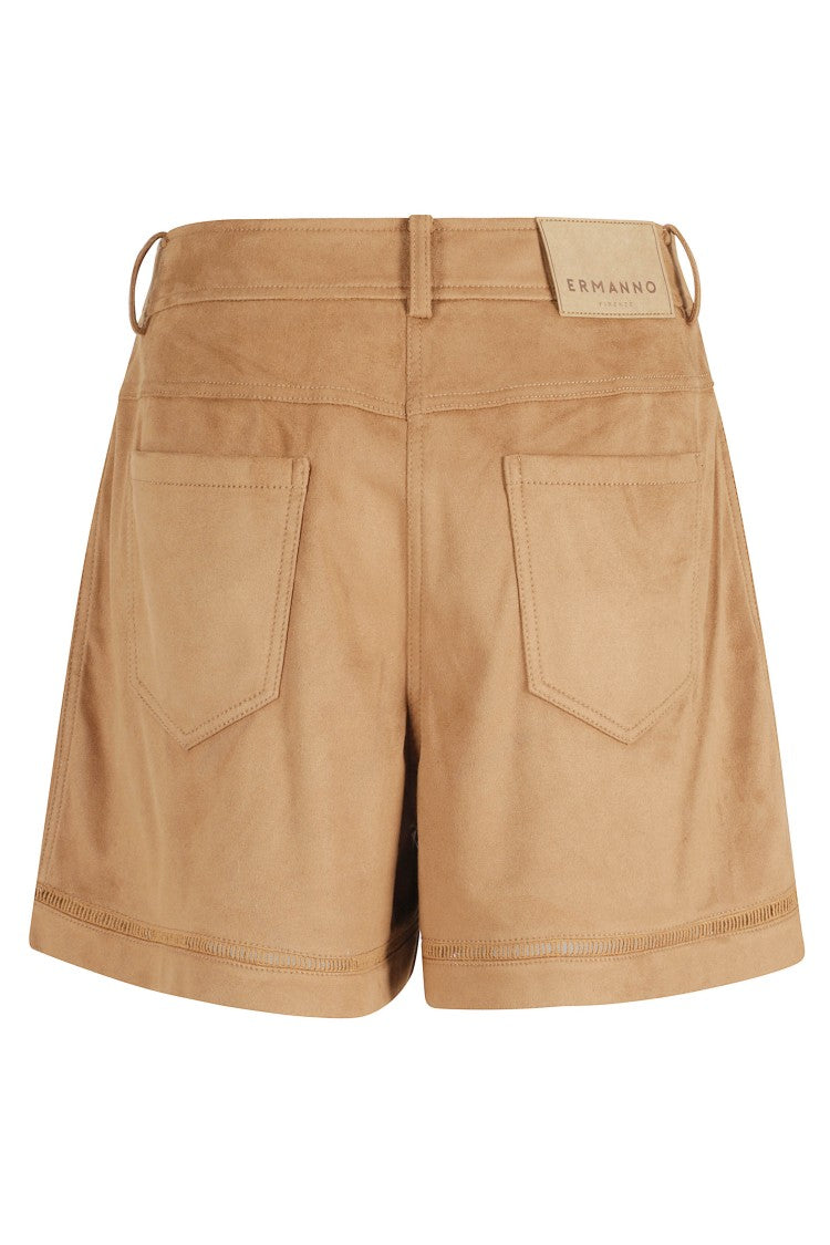 Ermanno Firenze Camel Suede Belt Loops Cotton-Blend Shorts
