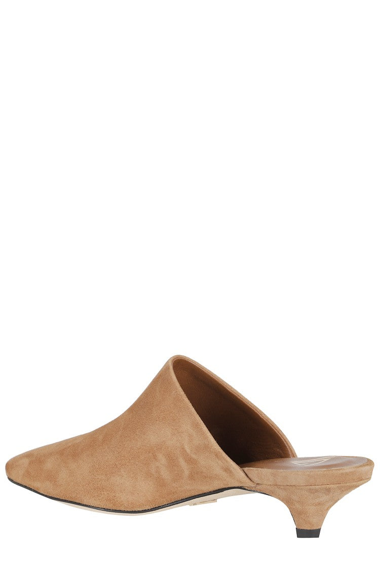 Giampaolo Viozzi Camel Pointed Toe Low Kitten Heel Nappa Leather Mules