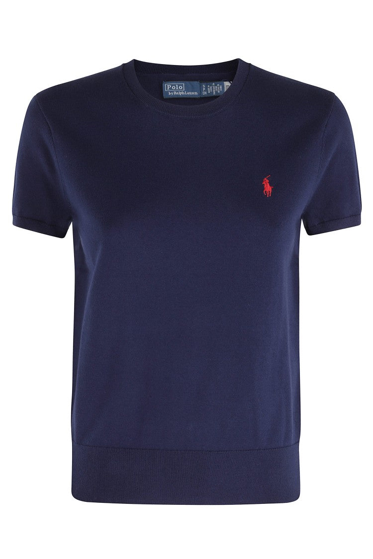 Polo Ralph Lauren Blue Logo Short-Sleeve Ribbed Cotton-Blend Knit Tops