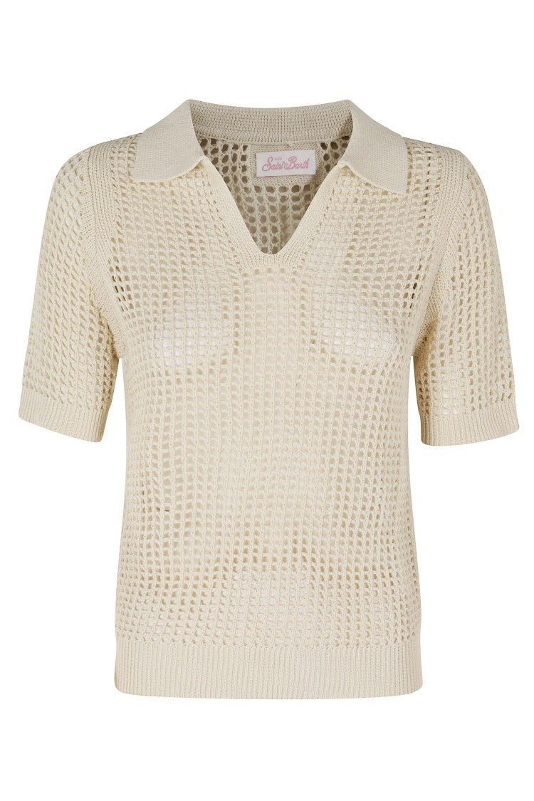 Mc2 Saint Barth Sand Flora Crochet Mesh Fabric Cotton Polo Shirt