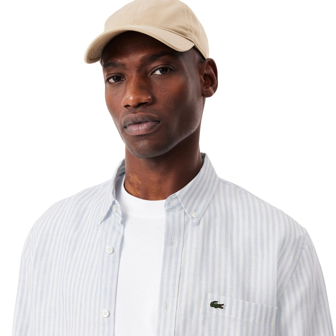 Lacoste Striped Linen Mother-Of-Pearl Button Shirt