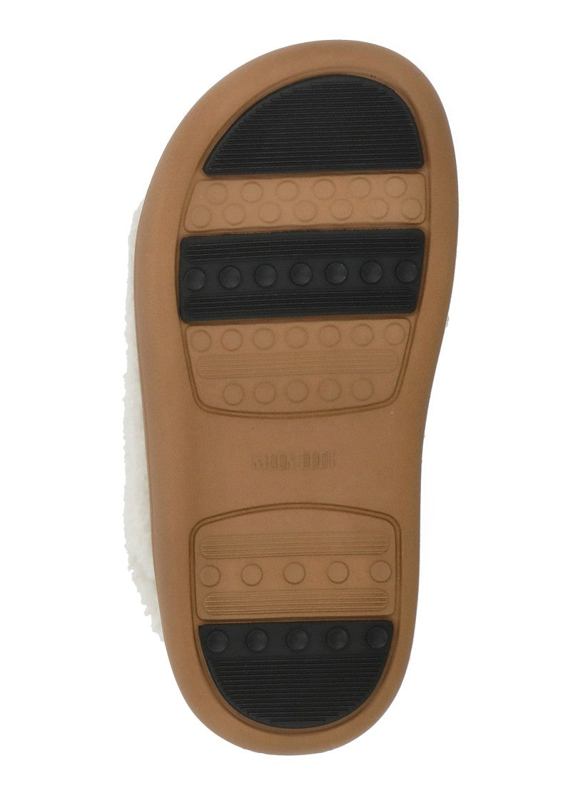 Moon Boot Ivory Velcro Strap Shearling Sandals