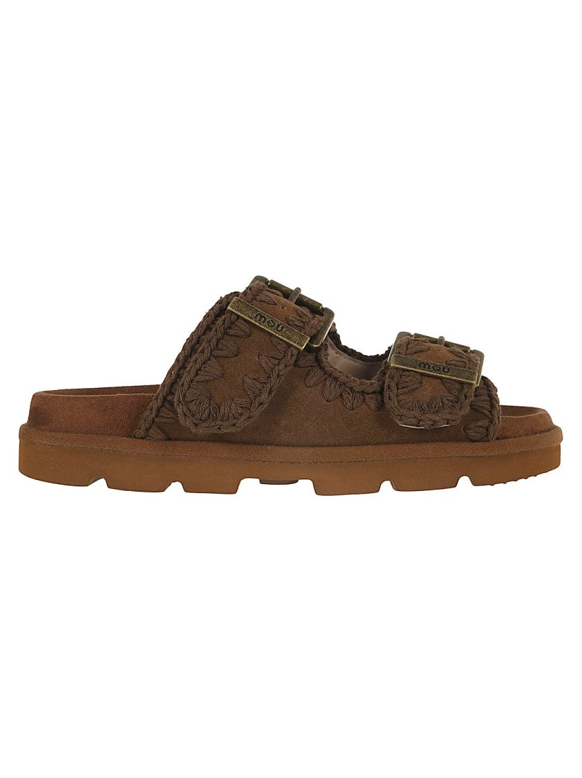 Mou Brown Calfskin Suede Sandal With Hand-Crocheted Detailing