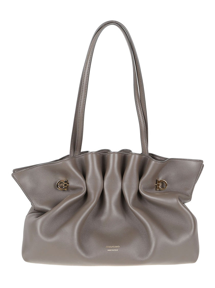 Ferragamo Soft Leather Handbag With Gathered Design And Metallic Accents