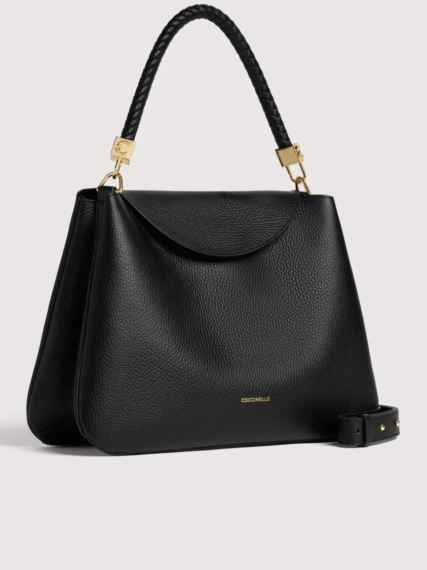 Coccinelle Structured Black Leather Handbag With Braided Top Handle