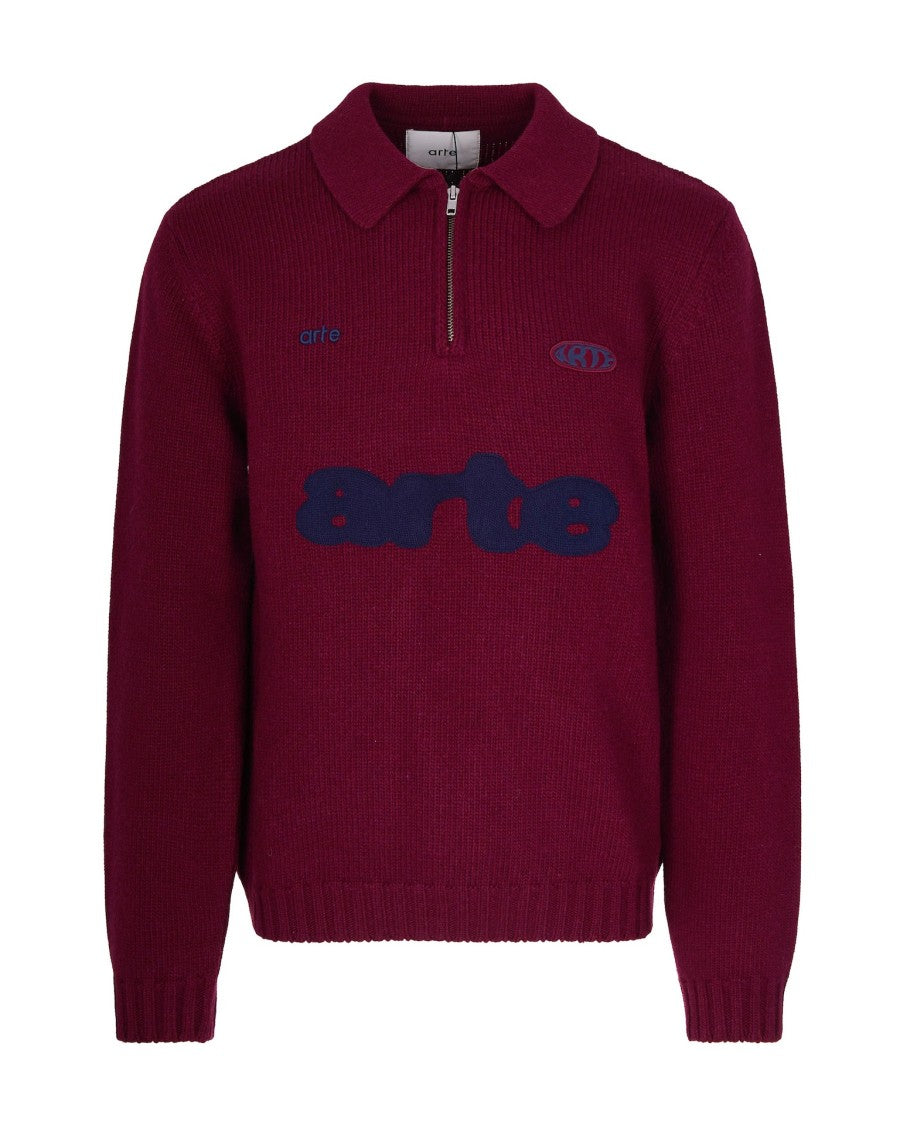 Arte Antwerp Bordeaux Knitted Wool Blend Polo Sweater
