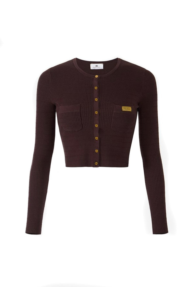 Elisabetta Franchi Brown Braided Ribbed Gold Logo Plaque Lyocell-Blend Cardigan