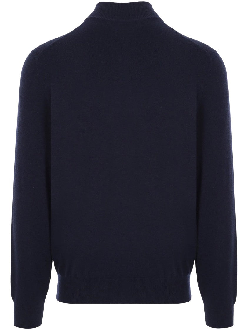 Brunello Cucinelli High Collar Half-Zip Knit Sweater With Ribbed Details