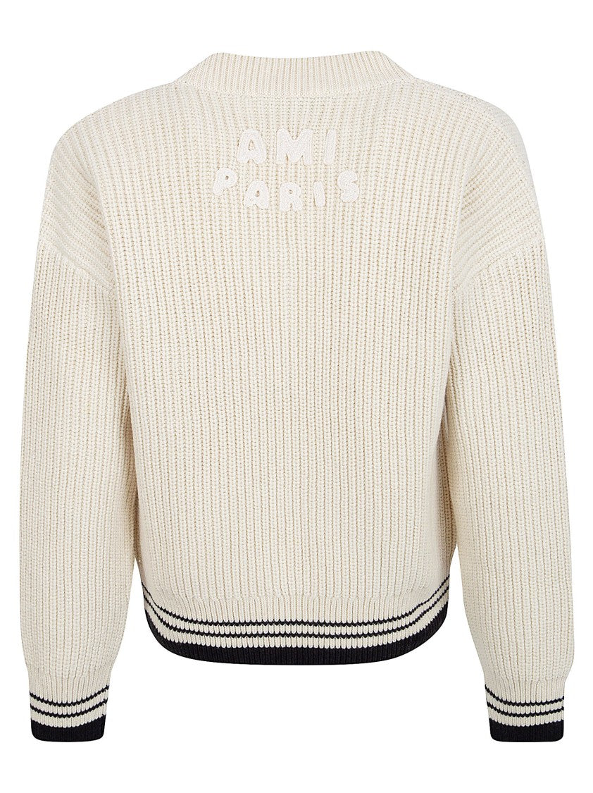 Ami Paris Ribbed Knitted Sweater With V-Neckline And Crochet Accents