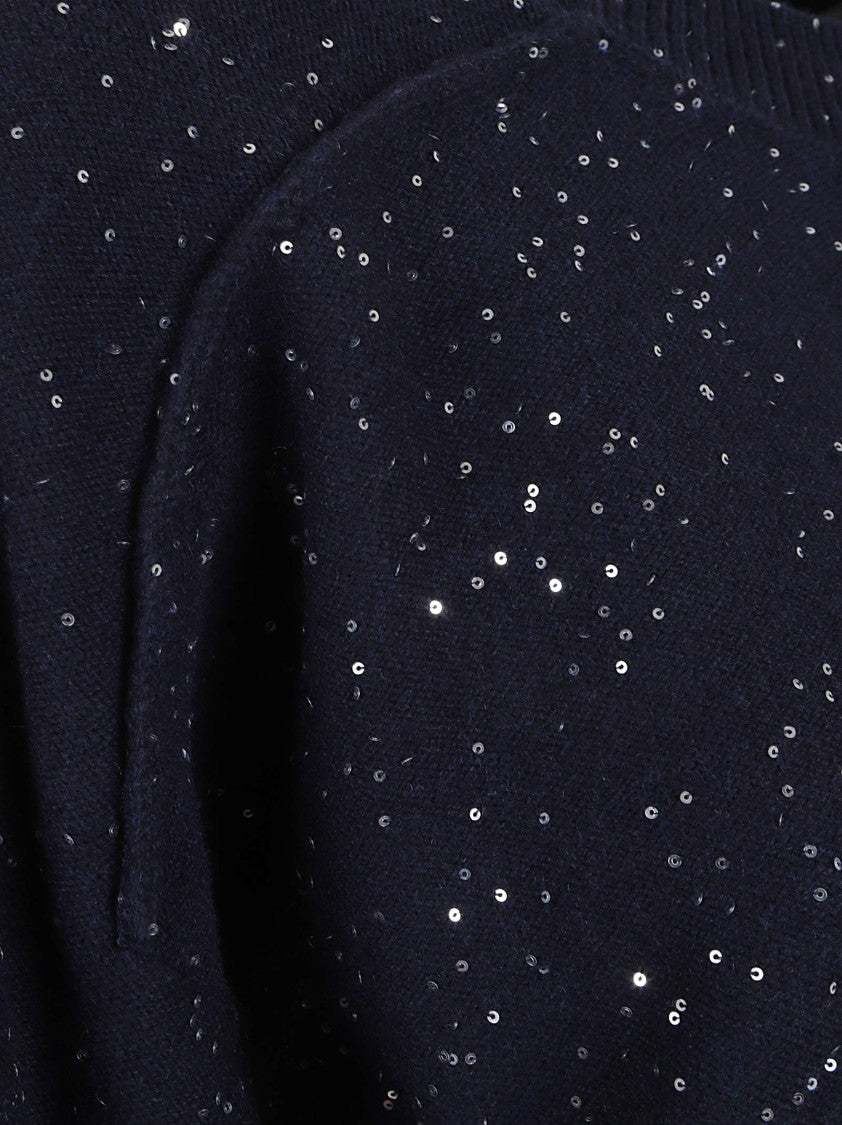 Antonelli Navy Blue Wool Blend Top With Scattered Sequins