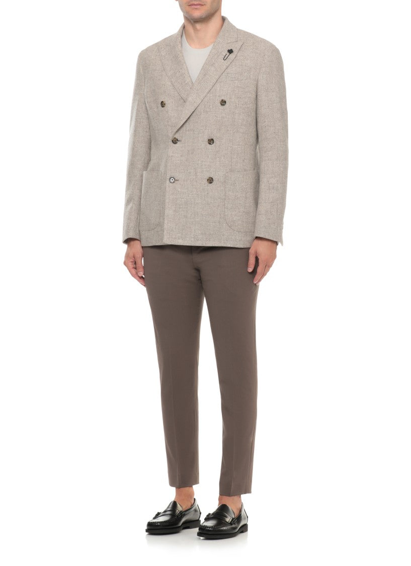 Lardini Beige Wool Double-Breasted Blazer With Iconic Peak Lapel Pin