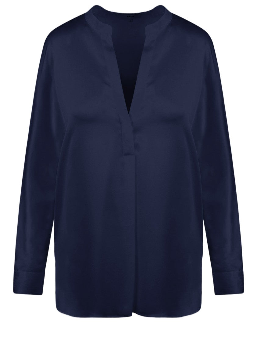 Vince Silk Long-Sleeved Shirt With Mandarin Collar And V-Neck