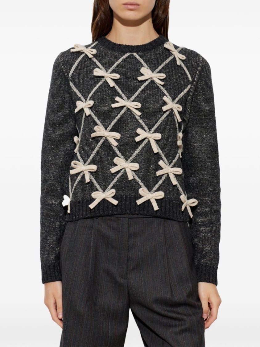 Moschino Textured Grey Knit Sweater With Decorative Bows
