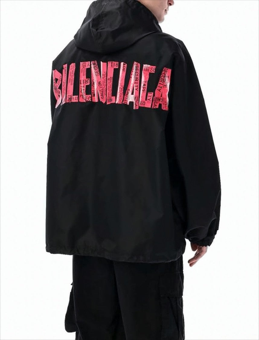 Balenciaga Hooded Black Coat With Pink Graphic Detail