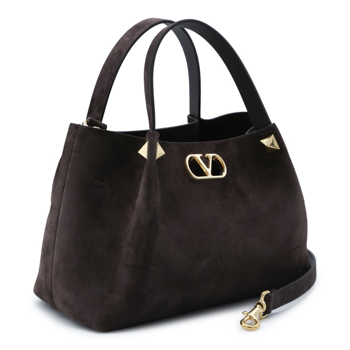 Valentino Garavani Brown Small V Logo Studded Suede Tote Bag
