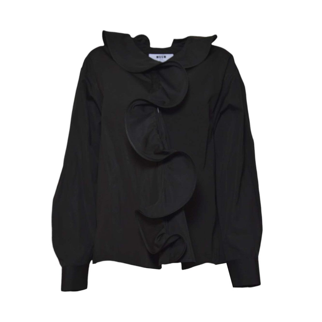 Msgm Ruffled Black Cotton Shirt With Dramatic Placket And Cuffs
