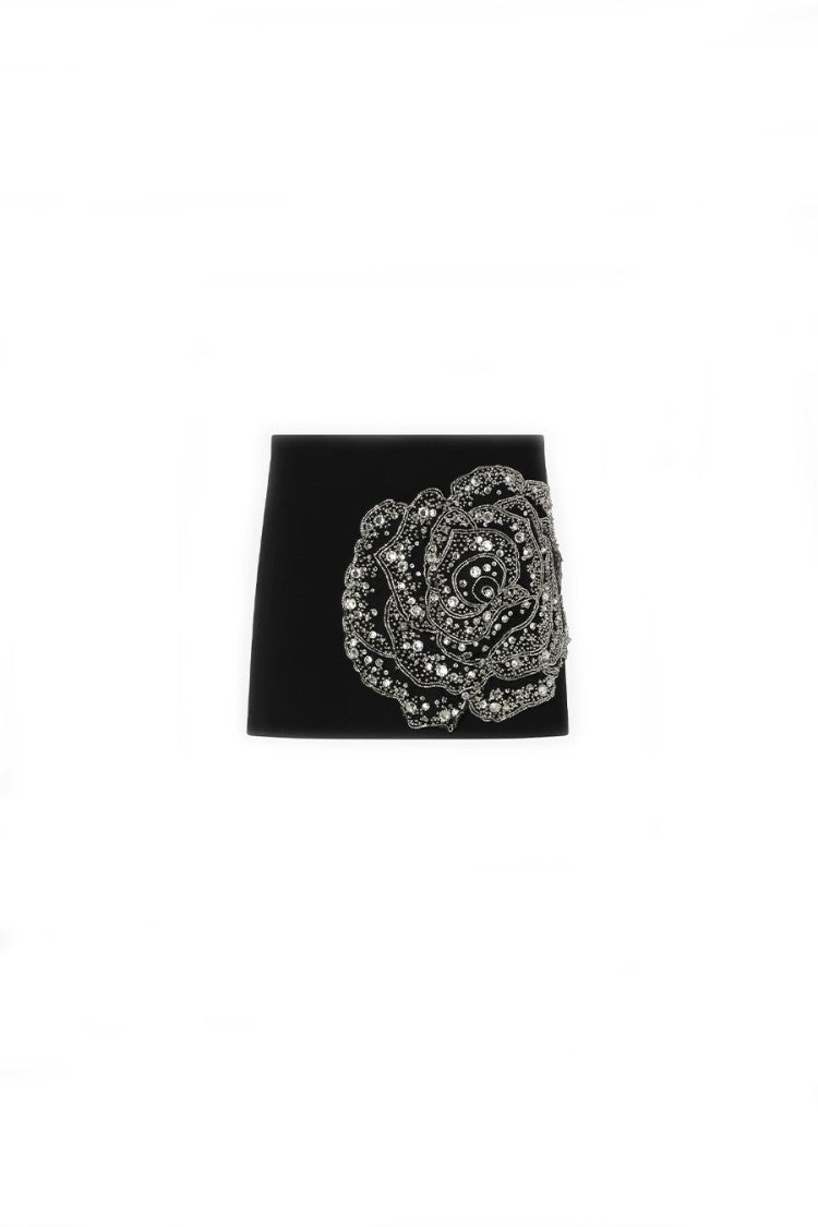 Pinko Black Cavolfiore Crystal Rose Applique Viscose-Blend Mini Skirt