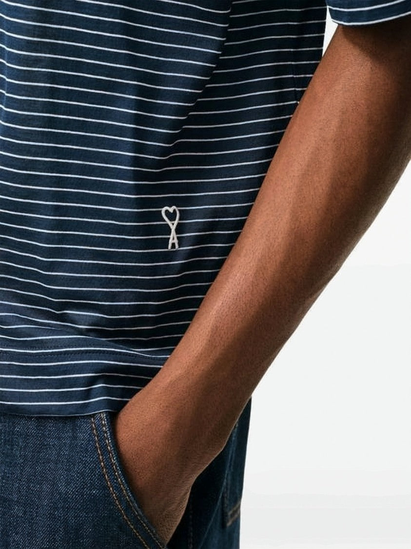 Ami Paris Cropped Navy Blue Striped Polo Shirt With Heart Logo
