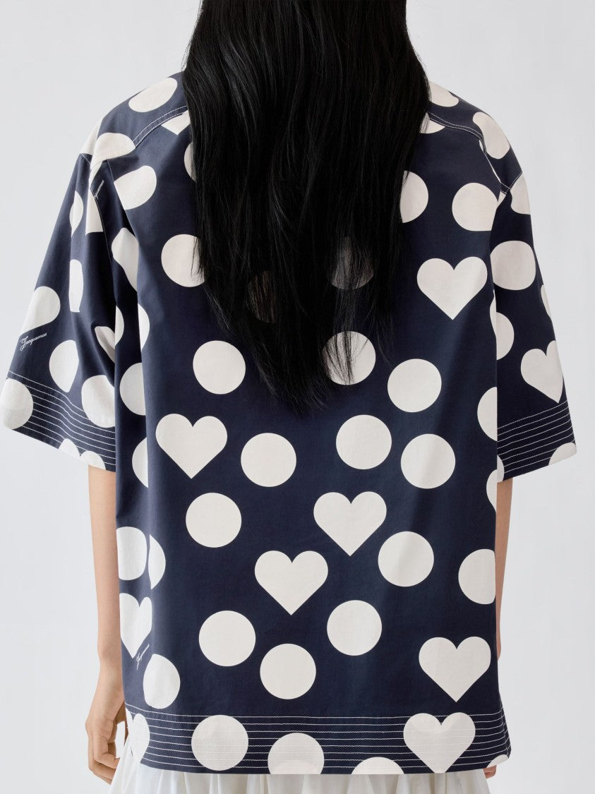 Jacquemus Blue Heart Polka Dot Print Cotton Shirt