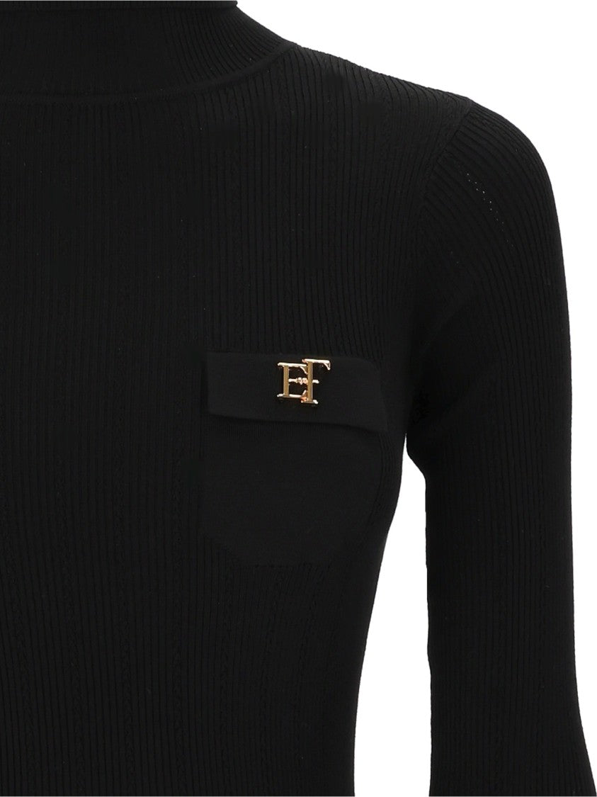 Elisabetta Franchi Fitted Ribbed Knit Top With High Turtleneck