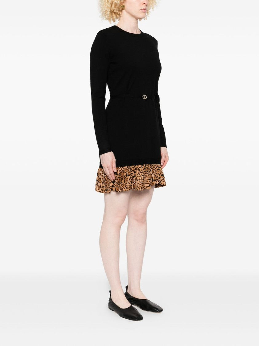 Twin-Set Black Ruffled Hem Dress With Animal Print Detail