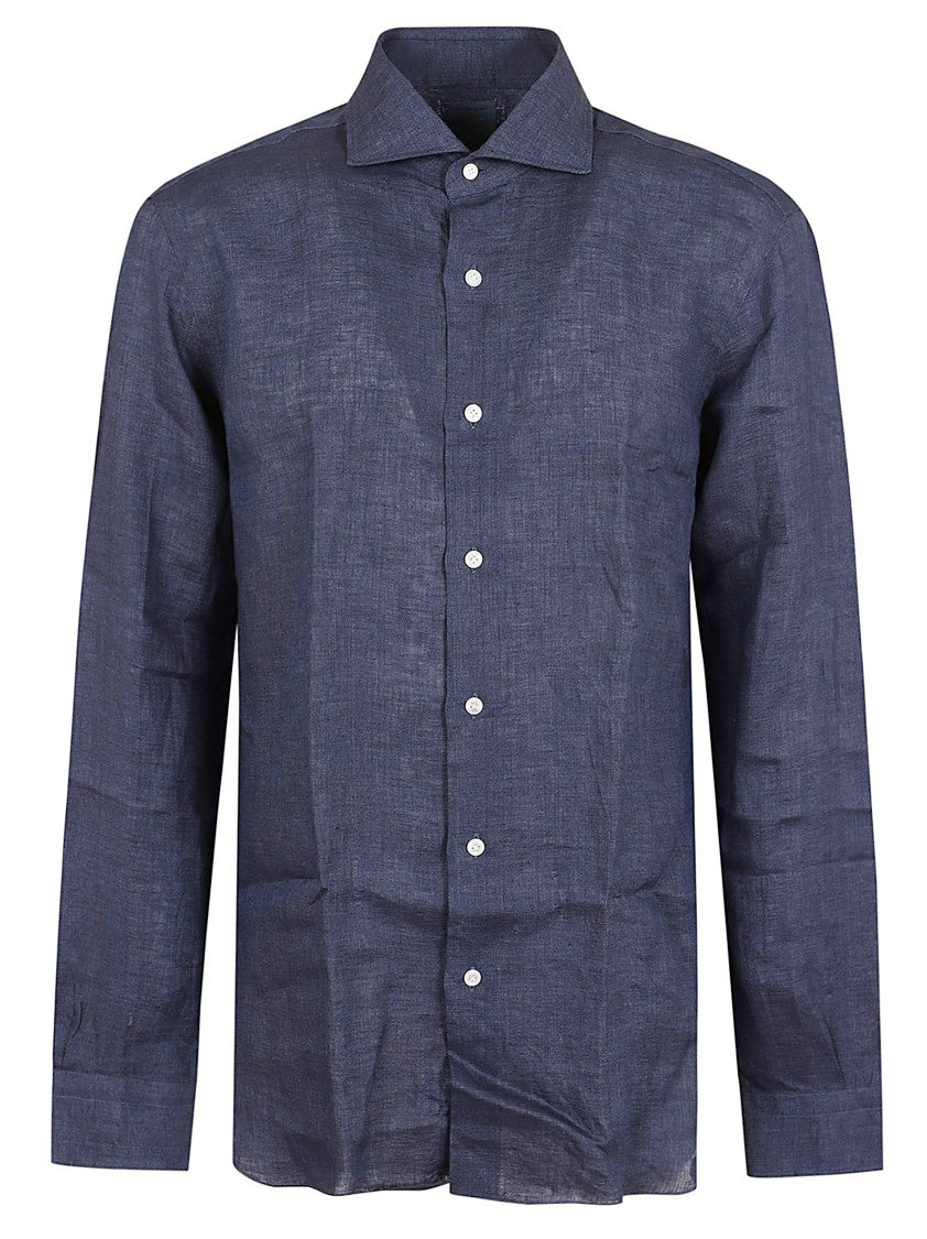Barba Napoli Navy Blue Linen Neck Shirt With Spread Collar
