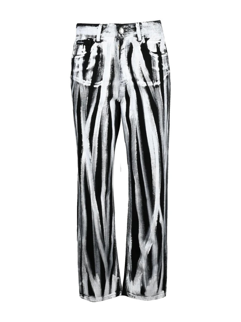 Dolce & Gabbana Black/White Brushstroke Patterns Structured Cotton Jeans