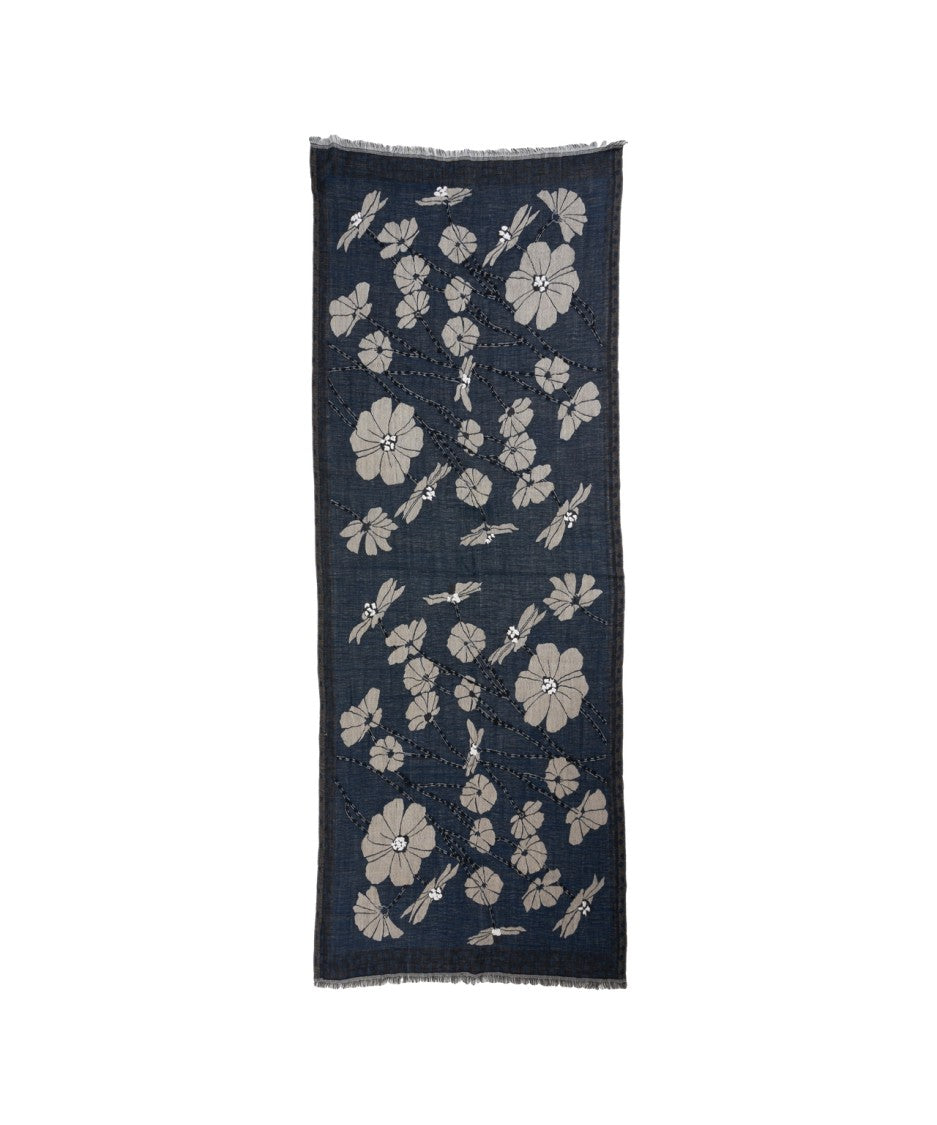 Palombina Floral-Print Navy Scarf With Refined Fringe Details