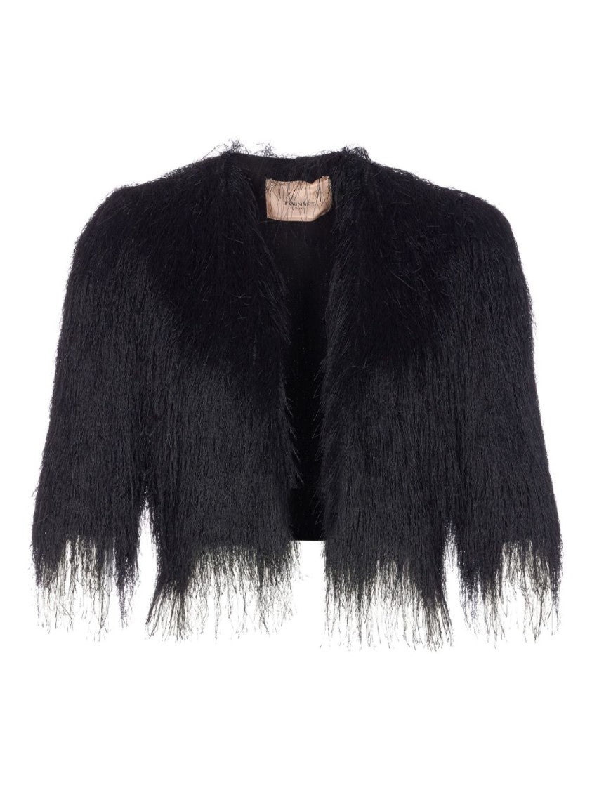 Twin-Set Textured Cropped Sweater With Airy Fringed Design