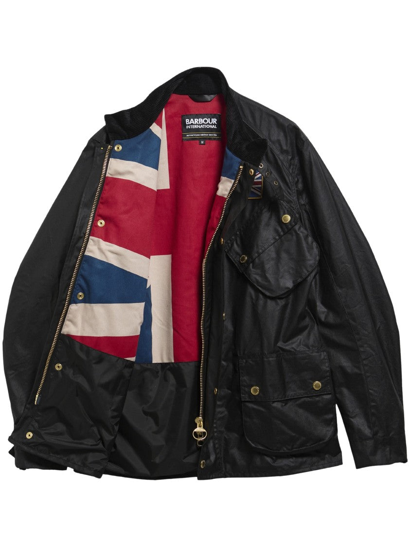 Barbour Union Jack Waxed Jacket With Belted Waist And Multi-Pocket Design