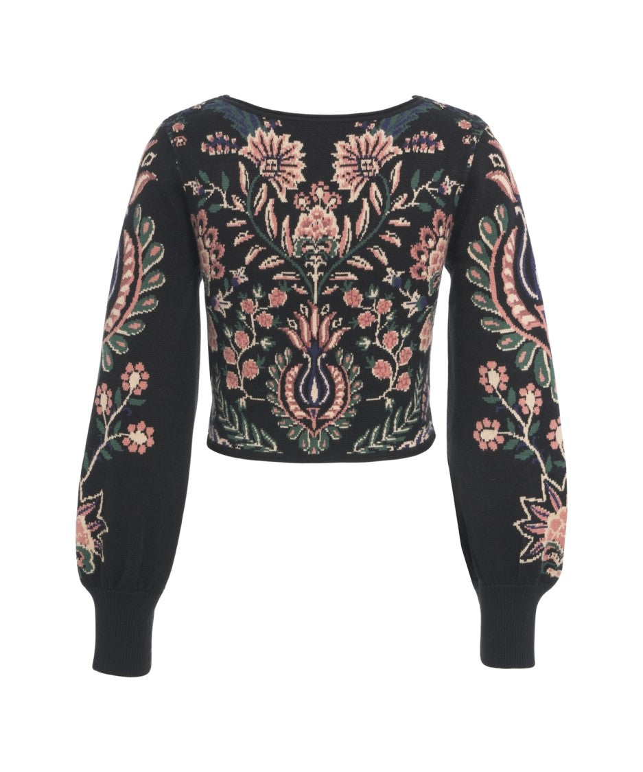 Farm Rio Cropped Knit Top With Floral Motifs And Puffed Sleeves