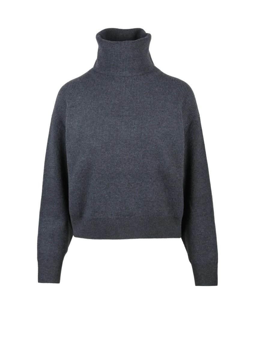 Brunello Cucinelli Grey Ribbed Virgin Wool-Blend Cropped Turtleneck Sweater