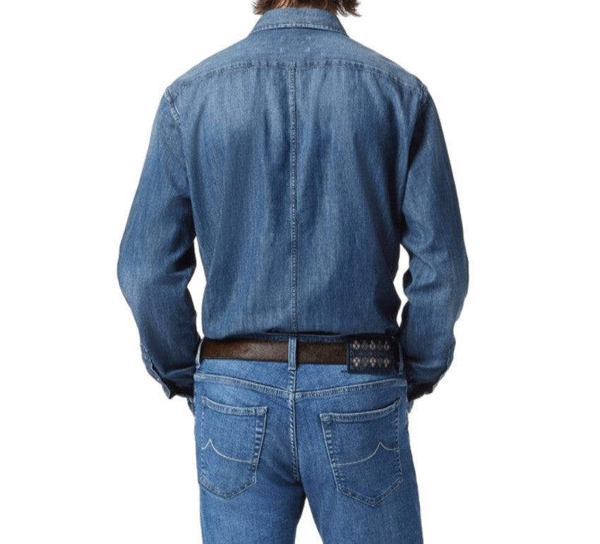 Jacob Cohen Medium Blue Stonewashed Denim Shirt With Hand-Sandblasted Finish