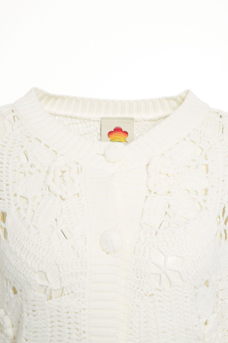 Farm Rio Openwork Knit Cardigan With Flower Motif
