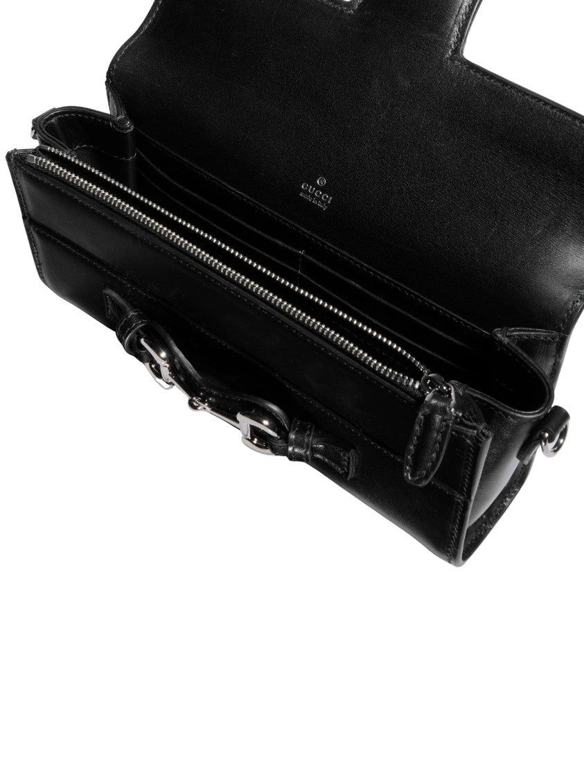 Gucci Rectangular Black Leather Shoulder Bag With Horsebit Detail